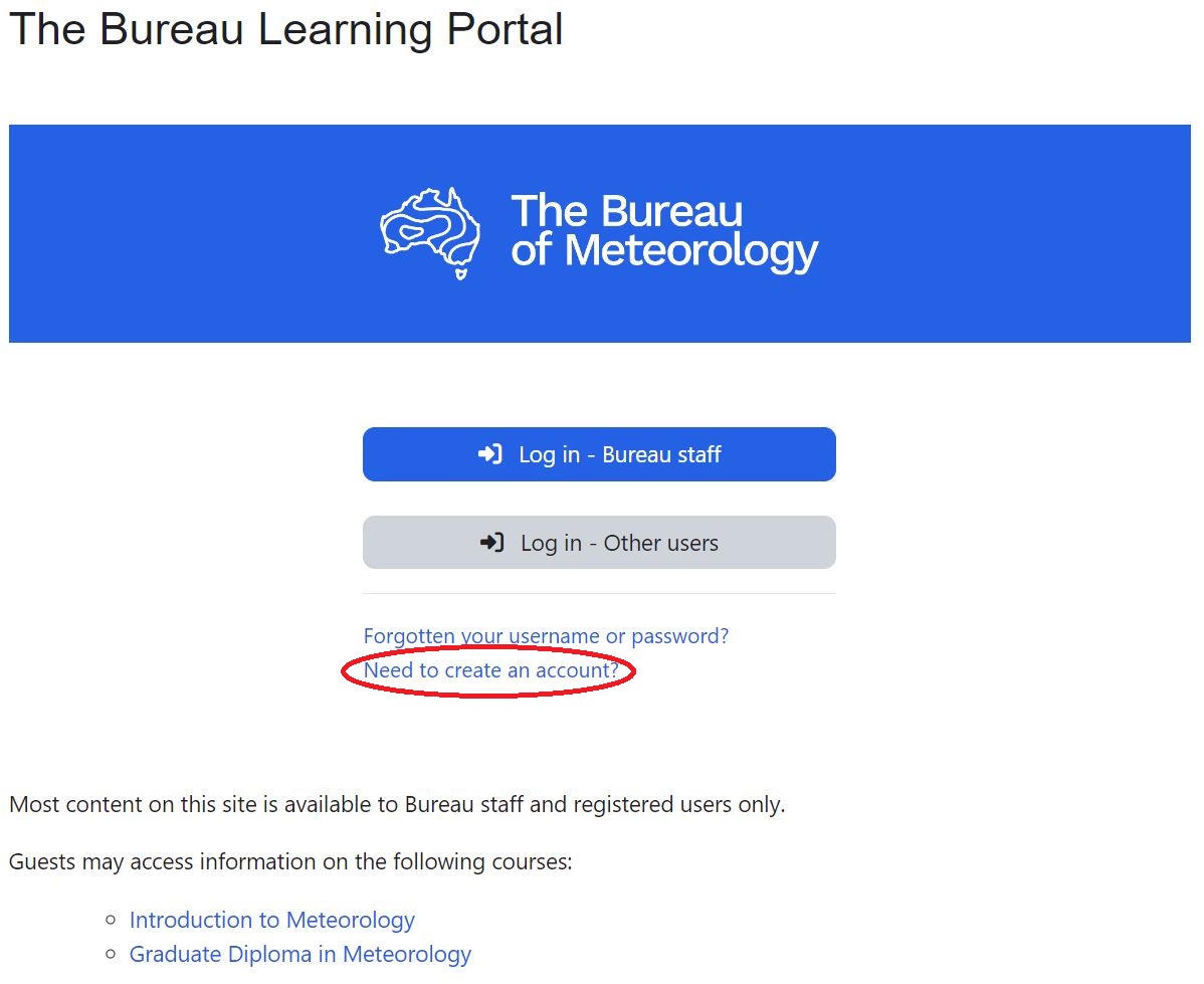 Screenshot of the Bureau Learning Portal login screen with a red circle around the 'Need to create an account?' link.