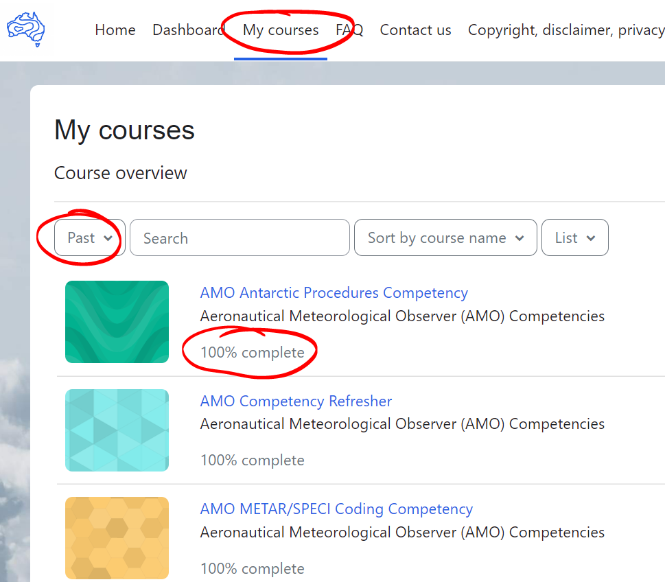 screenshot showing completed courses